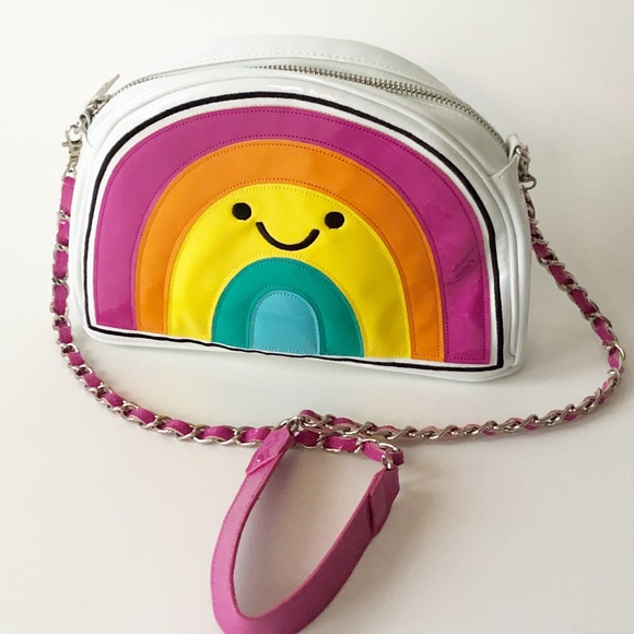 IScream Handbags - IScream Rainbow Crossbody Handbag Purse Kawaii Smily Rainbow Face White Patent